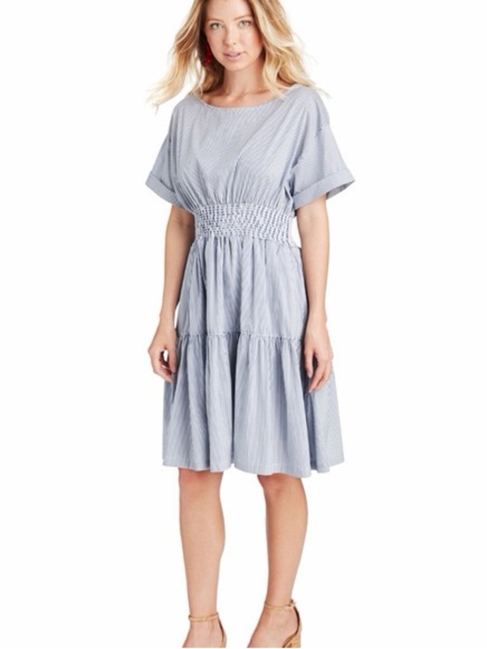 Vineyard Vines Blue Striped Smocked-Waist Midi Dress